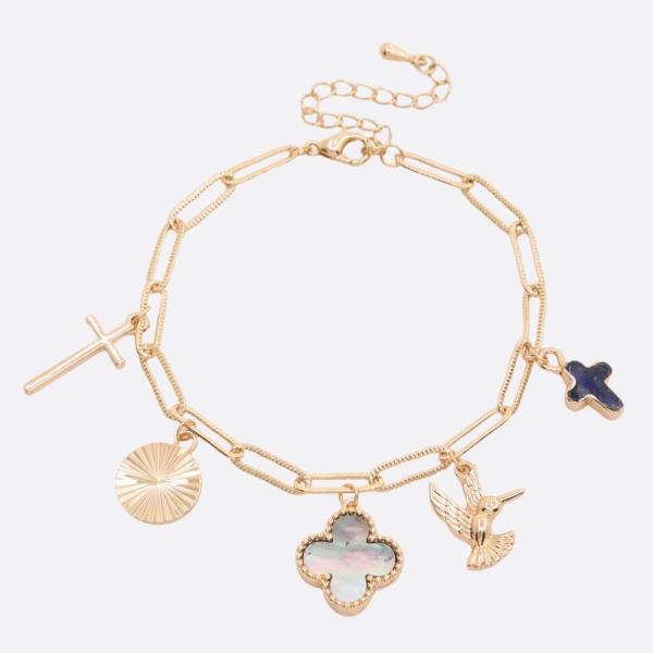 CLOVER CROSS CHARM OVAL LINK METAL BRACELET