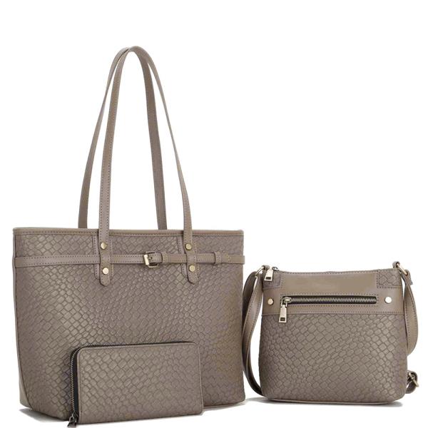 3IN1 BUCKLE TEXTURE TOTE BAG W CROSSBODY AND WALLET SET