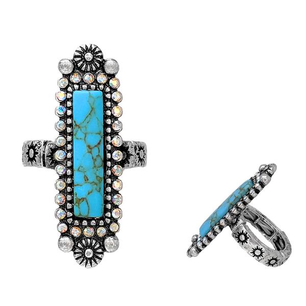 WESTERN STYLE RECTANGLE TURQUOISE BEAD ADJUSTABLE METAL RING