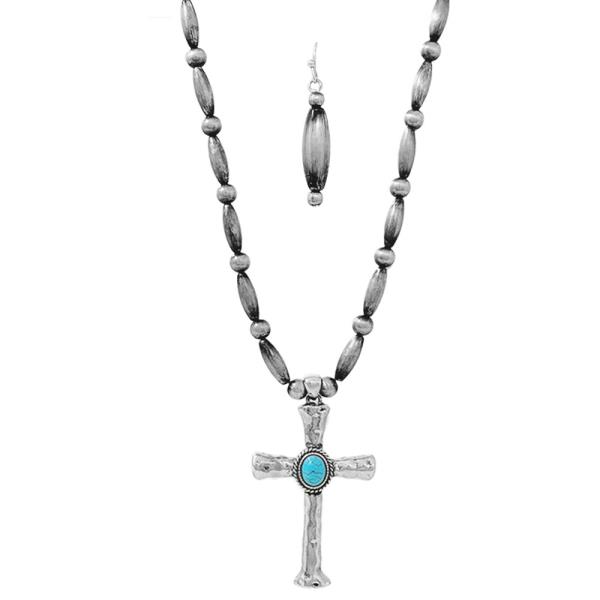 WESTERN STYLE TURQUOISE BEAD CROSS PENDANT NECKLACE