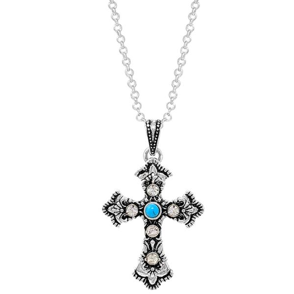 WESTERN STYLE CROSS TURQUOISE BEAD PENDANT NECKLACE