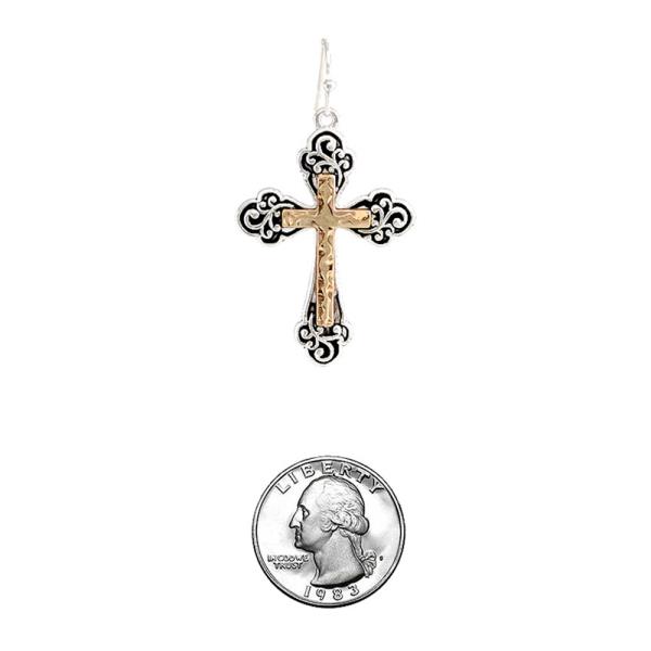 CROSS FILIGREE PATTERN DANGLE METAL EARRING