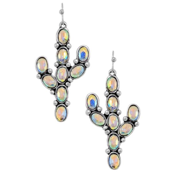 WESTERN STYLE CACTUS PAVED RHINESTONE DANGLE EARRING