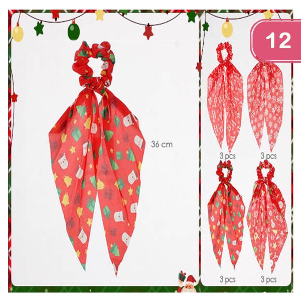 CHRISTMAS FABRIC HAIR TIE WITH TAILS (12 UNITS)