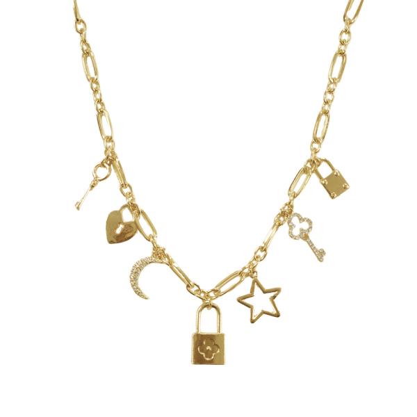 LOCK STAR MOON CHARM NECKLACE