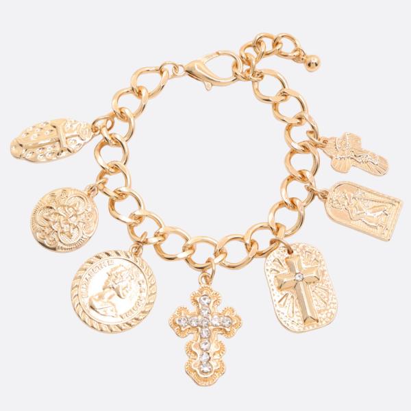 CROSS MULTI CHARM CIRCLE LINK METAL BRACELET