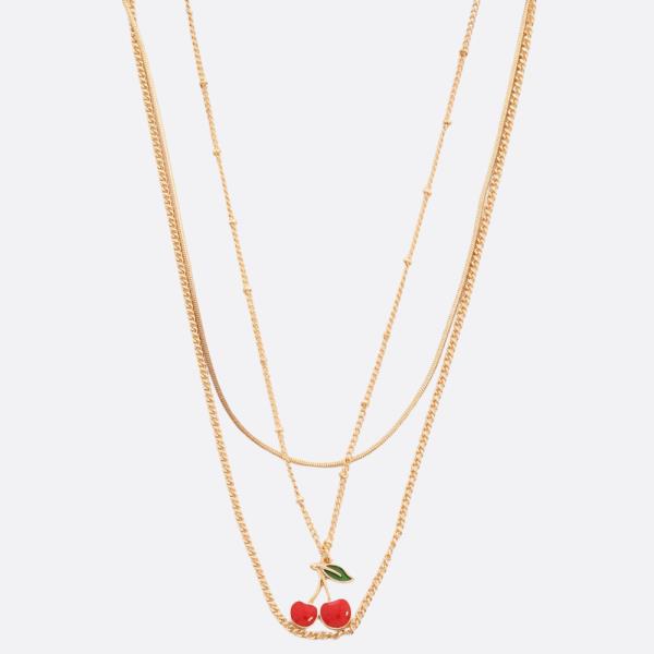 CHERRY PENDANT LAYERED METAL NECKLACE