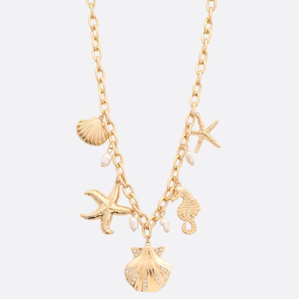 SEASHELL SEA LIFE PENDANT PEARL BEAD METAL NECKLACE