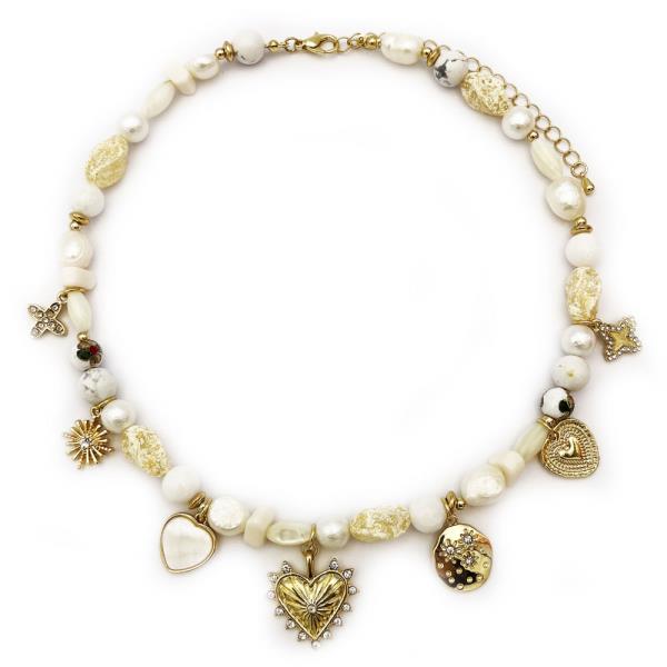 HEART CHARM PEARL BEAD NECKLACE