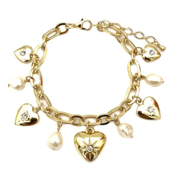 HEART PEARL BEAD CHARM OVAL LINK BRACELET