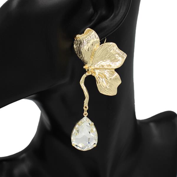 METAL FLOWER STONE DANGLE EARRING