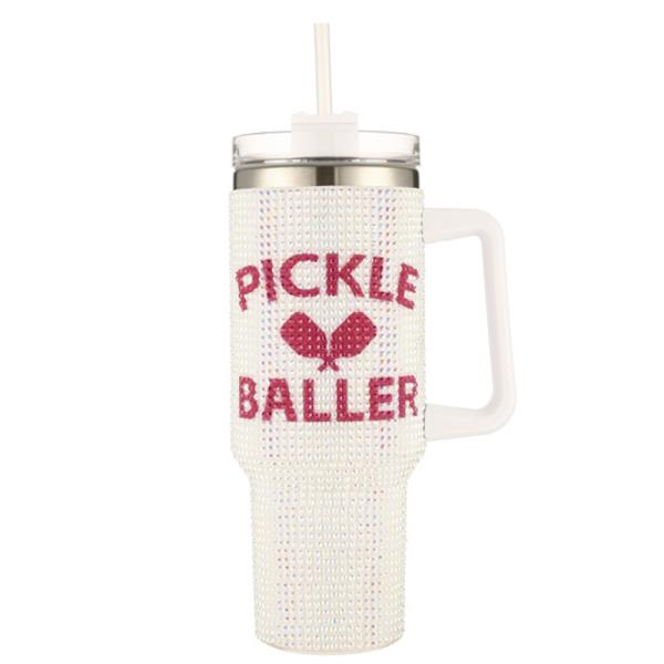 RHINESTONE PICKLE BALLER 40 OZ TUMBLER WITH HANDLE STRAW