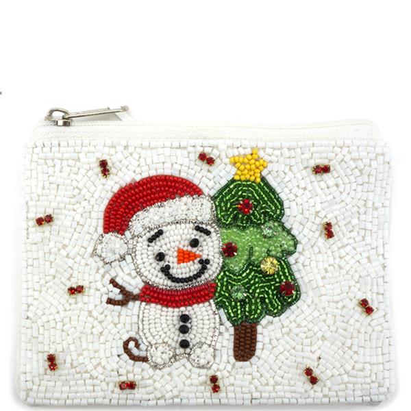 SEED BEAD CHRISTMAS TREE AND SNOWMAN COIN PURSE BAG