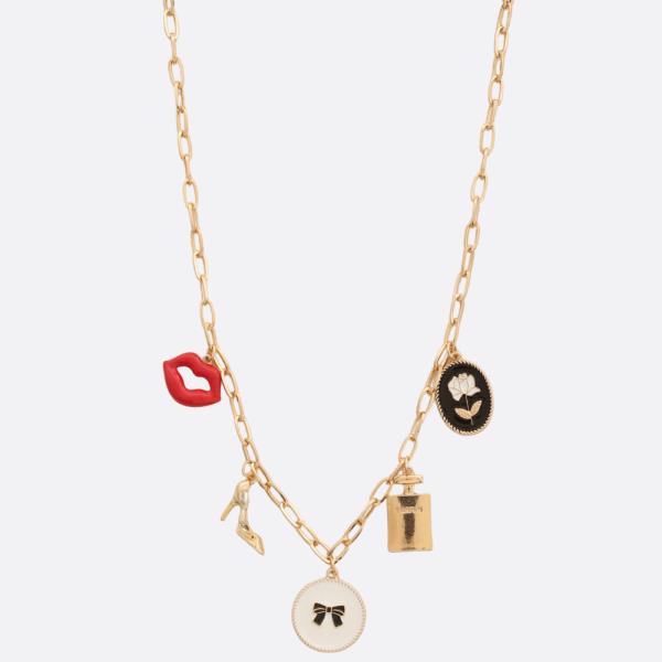 RIBBON COIN LIPS CHARM OVAL LINK NECKLACE