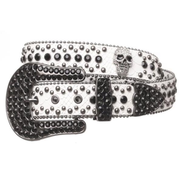 WESTERN RHINESTONE SKULL STUD SNAKE LEATHER BELT