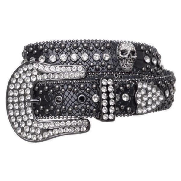 WESTERN RHINESTONE SKULL STUD SNAKE LEATHER BELT