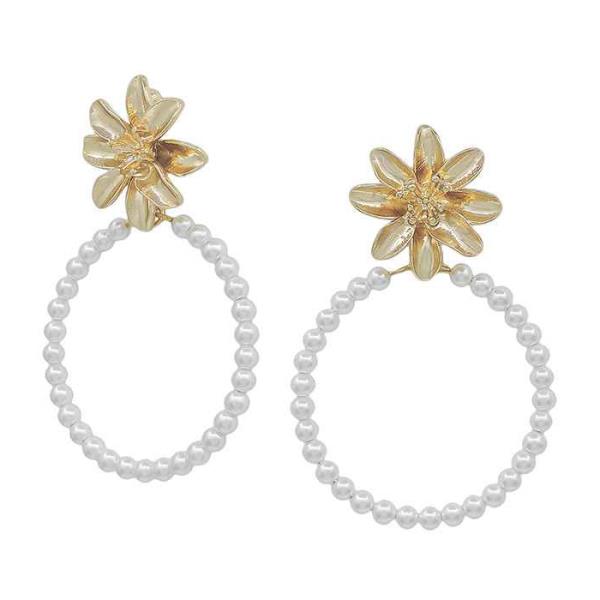 FLOWER METAL POST ROUND  PEARL DROP EARRING