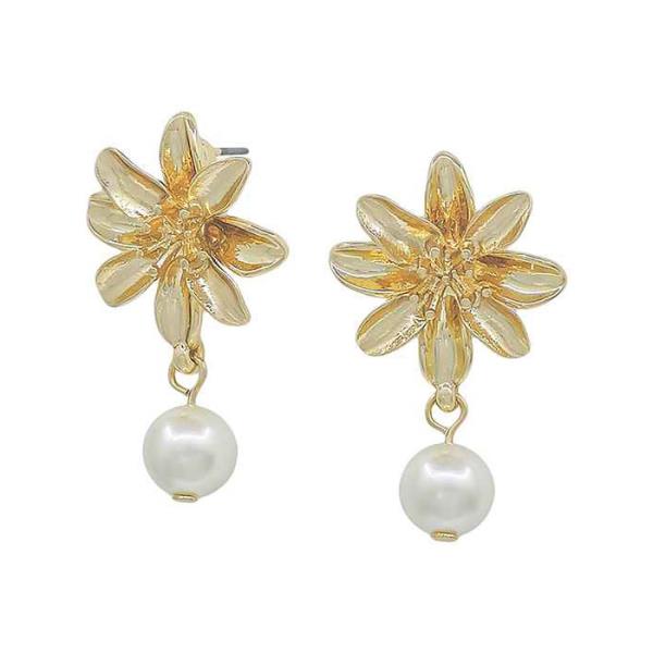 METAL FLOWER POST FRESHWATER PEARL DROP EARRING