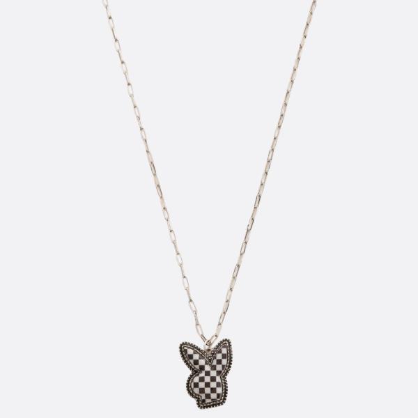 CHECKERED PATTERN BUNNY PENDANT NECKLACE