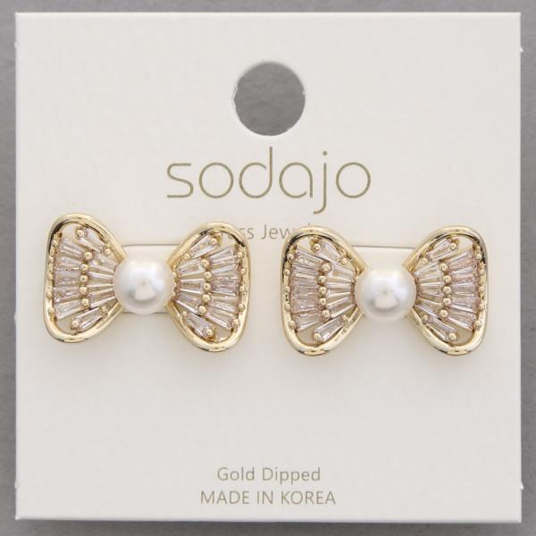 SODAJO PEARL BEAD BOW GOLD DIPPED EARRING