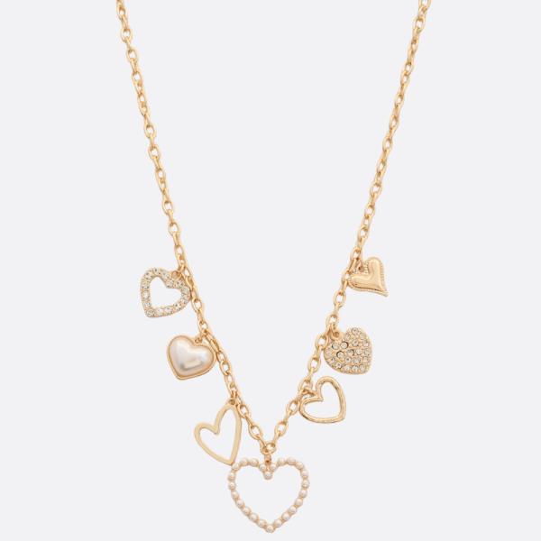 HEART CHARM PEARL RHINESTONE NECKLACE