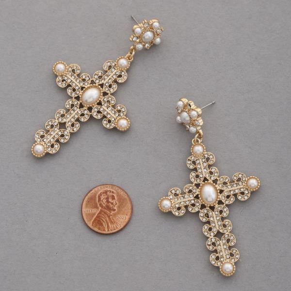 CROSS PEARL BEAD METAL EARRING