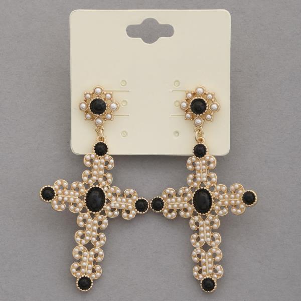 CROSS PEARL BEAD METAL EARRING