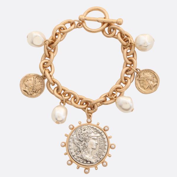 MEDALLION COIN PEARL BEAD CIRCLE LINK TOGGLE CLASP BRACELET