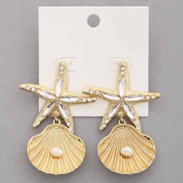 STARFISH SEASHELL RHINESTONE DANGLE EARRING