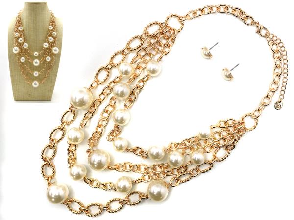 PEARL BEAD LAYERED METAL NECKLACE