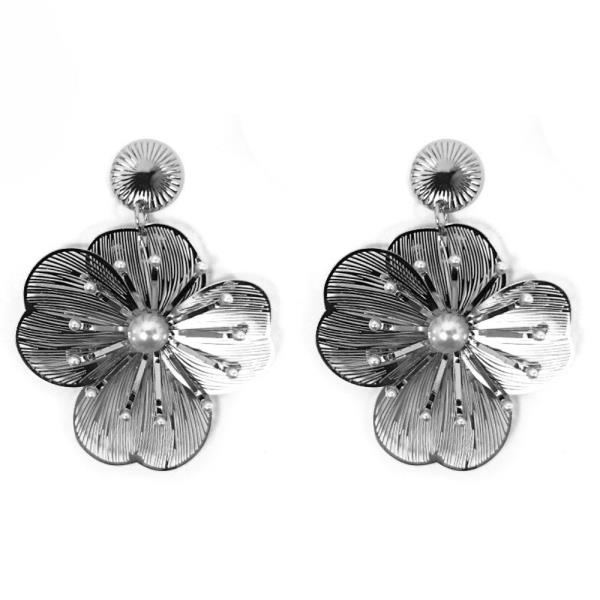 FLOWER METAL PEARL BEAD DANGLE EARRING