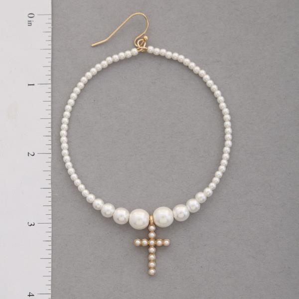 CROSS PEARL BEAD HOOP EARRING