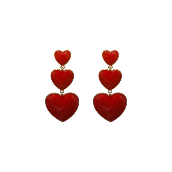 3 HEART RED DANGLE EARRING