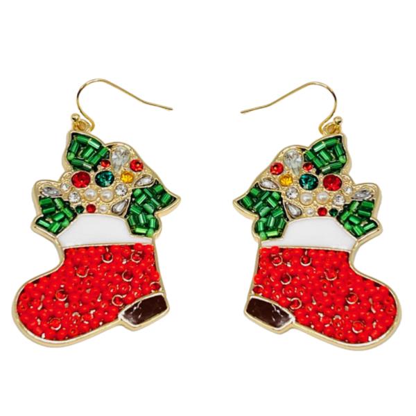 SEED BEAD CHRISTMAS SANTA BOOT DANGLE EARRING