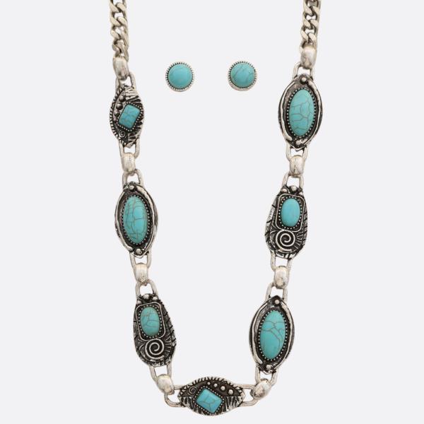 WESTERN STYLE TURQUOISE BEAD OVAL LINK NECKLACE