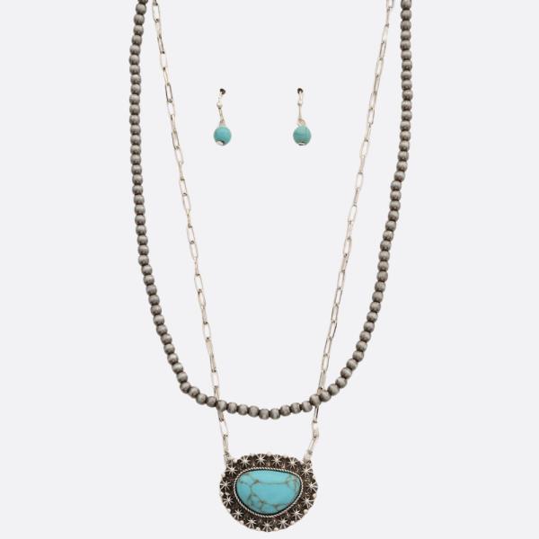 TURQUOISE PENDANT BEADED LAYERED NECKLACE