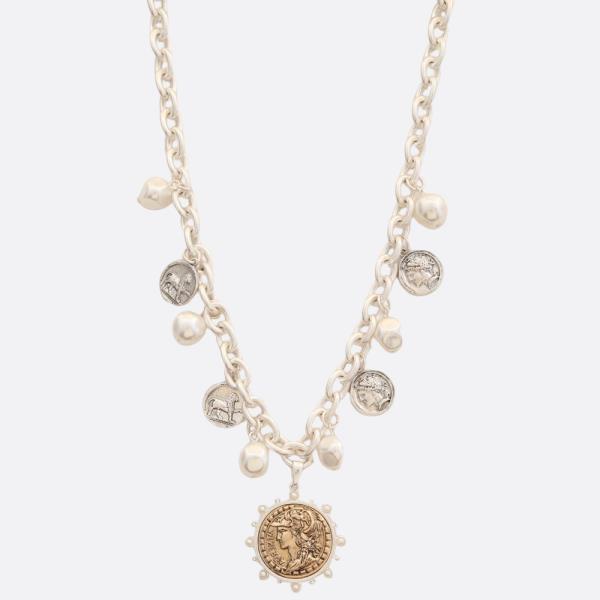 COIN MEDALLION PETAL BEAD METAL NECKLACE