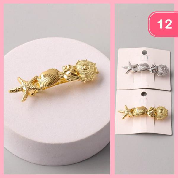 METAL SEASHELL STARFISH EMBELLISHED BARETTE HAIR PIN (12 UNITS)