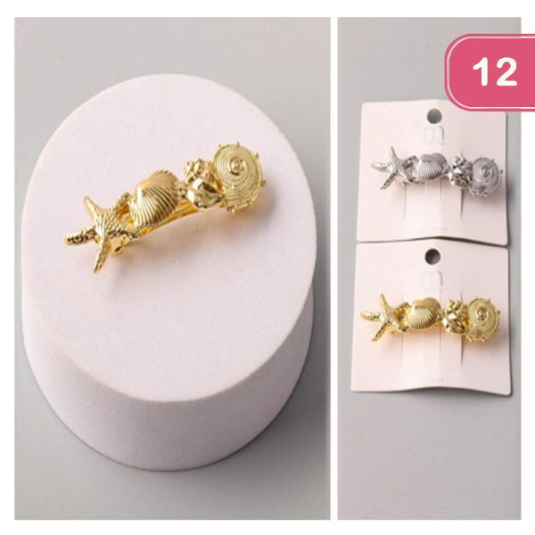 METAL SEASHELL STARFISH EMBELLISHED BARETTE HAIR PIN (12 UNITS)