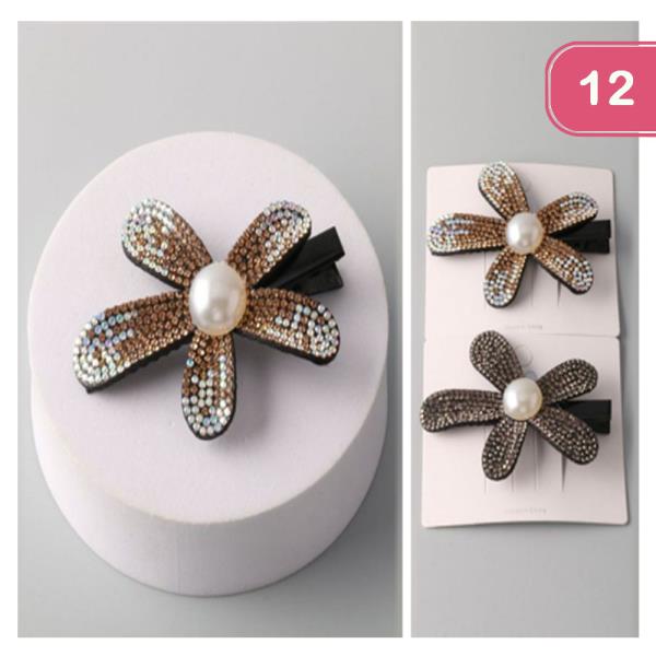 RHINESTONE FLOWER PEARL HAIR PIN (12 UNITS)