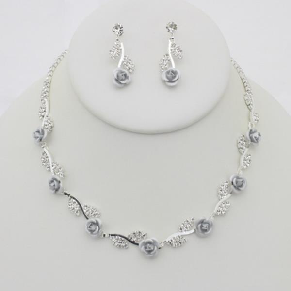 RHINESTONE ROSE NECKLACE EARRING SET