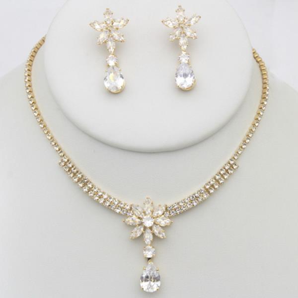 FLOWER TEARDROP RHINESTONE NECKLACE EARRING SET