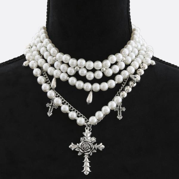 PEARL BEAD CROSS LAYERED NECKLACE