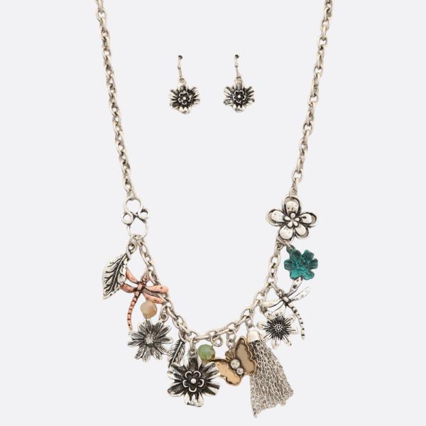 FLOWER CHAIN TASSEL MULTI CHARM NECKLACE