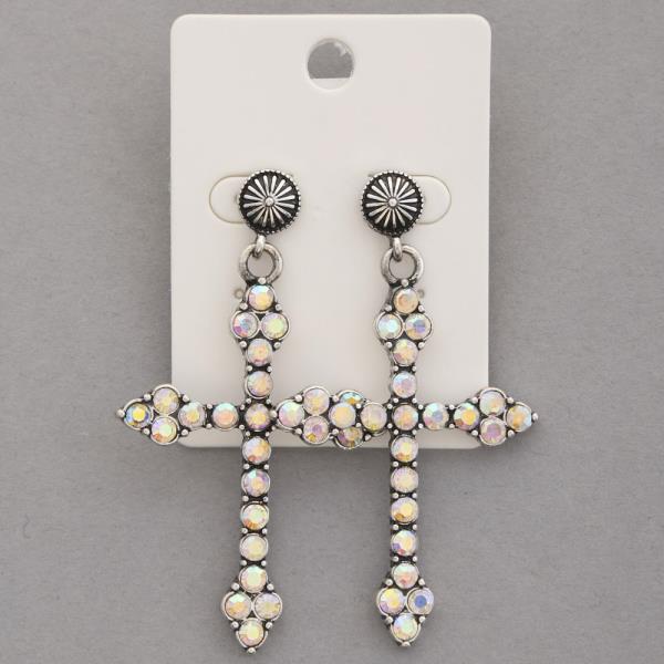 RHINESTONE CROSS DANGLE EARRING