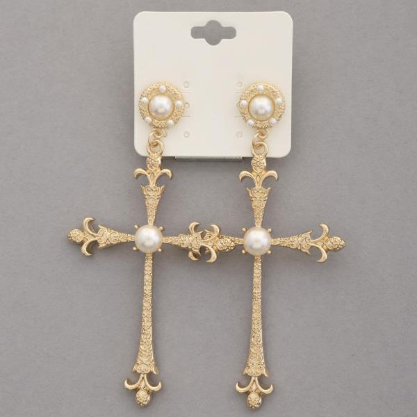 CROSS PEARL BEAD DANGLE EARRING