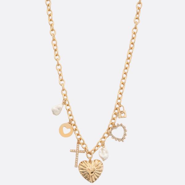 HEART CROSS MULTI CHARM PEARL BEAD NECKLACE