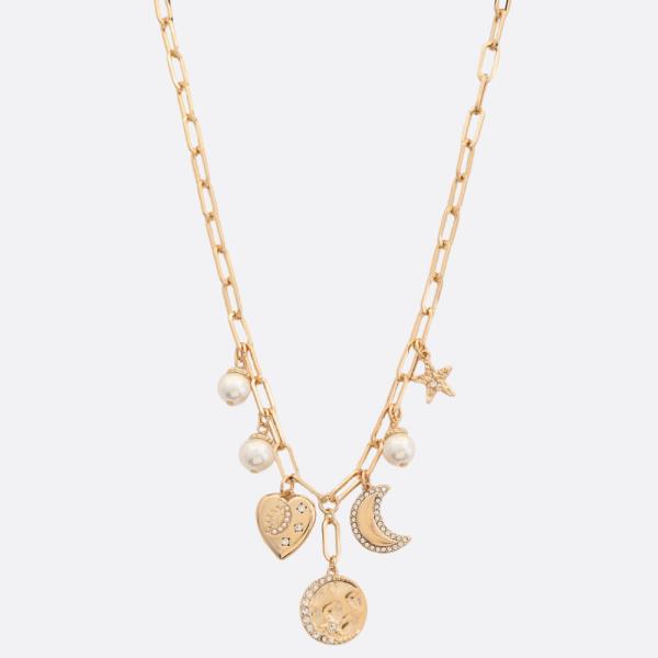 MOON HEART PEARL BEAD METAL NECKLACE