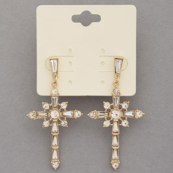 RHINESTONE METAL CROSS DANGLE EARRING