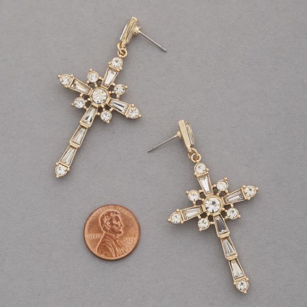 RHINESTONE METAL CROSS DANGLE EARRING